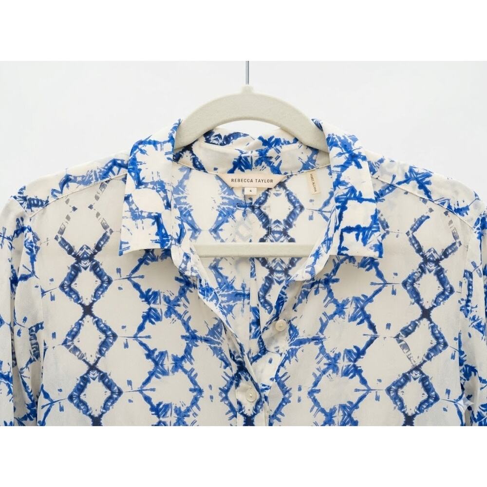 Rebecca Taylor Ikat Silk Blue White Abstract Flutter Sleeve Maxi Dress Size 6 - Picture 6 of 12